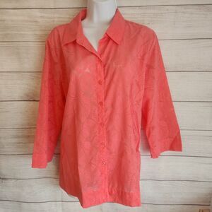 Studio Works L Coral Button Up 3/4 Sleeve Sheer Leaf Pattern Top